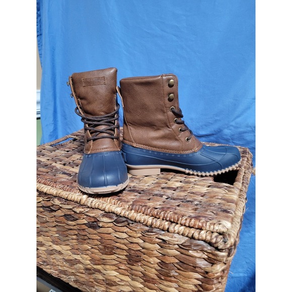 London Fog LFW-Wynter Duck Muck Boots Brown Blue  Snow Rain Winter Womens Size 6 - Picture 1 of 11